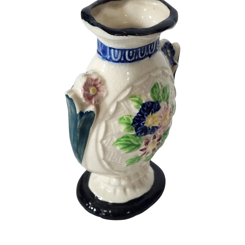 Vintage Made in Japan Floral Relief Ceramic Bud Vase Blue Pink Cream 6.25 inch